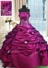 Romantic Strapless Bubble Handcrafted Flowers Quinceanera Dress with Brush Train