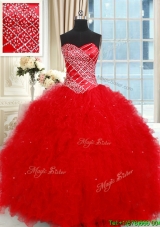 Modest Sweetheart Tulle Red Quinceanera Dress with Ruffles and Beading
