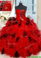 Classical Tulle Sequined and Ruffled Quinceanera Dress in Red and Black
