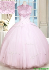 Latest See Through Beaded Decorated High Neck Zipper Up Baby Pink Quinceanera Dress in Tulle