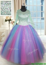 Perfect See Through Scoop Long Sleeves Rainbow Colored Quinceanera Dress in Tulle
