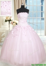 Elegant Strapless Baby Pink Tulle Quinceanera Dress with Appliques and Beading