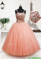 New Arrivals Straps Beaded and Sequined Peach Little Girl Pageant Dress in Tulle