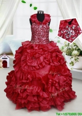 Cheap Halter Top Beaded and Ruffled Taffeta Little Girl Pageant Dress in Wine Red