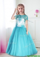 Best Scoop Short Sleeves Turquoise Little Girl Pageant Dress with Lace and Belt