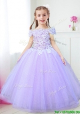 Modest Off the Shoulder Lavender Little Girl Pageant Dress with Appliques and Beading