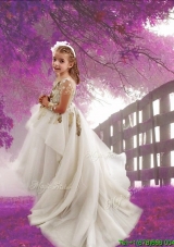 See Through Scoop Long Sleeves Applique Flower Girl Dress with Court Train