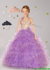 Inexpensive Halter Top Organza Mini Quinceanera Dress with Hand Made Flowers and Ruffles