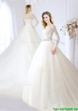 Pretty V Neck Beaded and Laced Wedding Dress with Chapel Train
