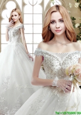 Elegant Off the Shoulder Beaded Wedding Dress with Court Train