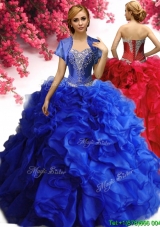 Modest Beaded and Ruffled Organza Quinceanera Dress in Royal Blue