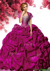 New Style Fuchsia Taffeta Quinceanera Dress with Appliques and Pick Ups