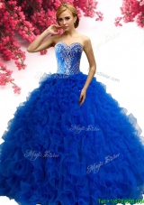 Cheap Beaded and Ruffled Tulle Quinceanera Dress in Royal Blue