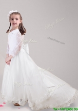 Popular Long Sleeves Bowknot and Laced Flower Girl Dress with Brush Train