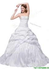 Puffy Sweetheart Brush Train White Wedding Dress with Beading and Pick Up
