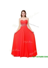 Fashionable Sweetheart Brush Train Chiffon Lace Up Beaded Prom Dresses in Coral Red