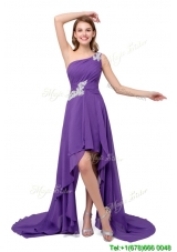 Fashionable One Shoulder Chiffon High-low Lace Up Prom Dresses in Purple