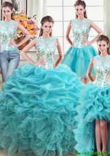 See Through Puffy Scoop Ruffled and Beaded Bodice Organza Detachable Quinceanera Dress in Aqua Blue