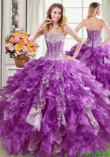Gorgeous Visible Boning Organza and Sequins Ruffled Quinceanera Dress in Purple