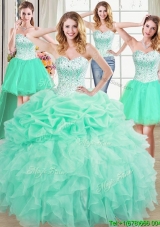 Beautiful Three for One Visible Boning Mint Quinceanera Dress with Beaded Bodice and Ruffles