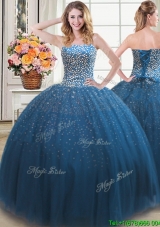 Classical Puffy Sweetheart Beaded Bodice Tulle Teal Quinceanera Dress