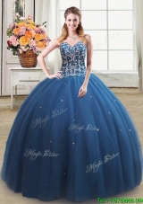 Popular Beaded Bodice Teal Quinceanera Dress in Tulle