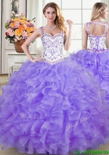 Pretty Straps Organza Ruffled and Beaded Quinceanera Dress in Lavender