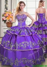 Unique Puffy Sweetheart Taffeta Embroideried and Ruffled Layers Quinceanera Dress in Purple