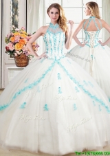 Cheap See Through Puffy Halter Top White Quinceanera Dress with Appliques and Beading