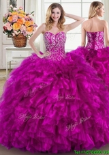 Affordable Ruffled Beaded Fuchsia Quinceanera Dress with Brush Train