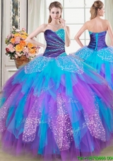 Discount Puffy Beaded and Ruffled Rainbow Colored Quinceanera Dress in Tulle and Sequins