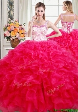 Wonderful Laced Bodice Beaded Top Ruffled Quinceanera Dress in Hot Pink