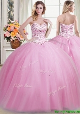 Fashionable Puffy Skirt Tulle Rose Pink Sweet 16 Dress with Beading