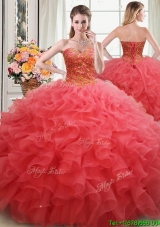 Elegant Puffy Beaded and Ruffled Organza Quinceanera Dress in Coral Red