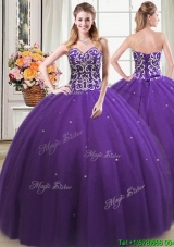 Most Popular Ball Gown Beaded Bodice and Sequins Tulle Quinceanera Dress in Purple