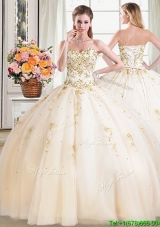 Affordable Puffy Skirt Sweetheart Beaded Champagne Quinceanera Dress in Tulle