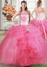 Fashionable Beaded Strapless Hot Pink Quinceanera Dress with Appliques and Ruffles