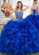 Classical Ruffled Beaded Bodice Royal Blue Quinceanera Dress with Brush Train