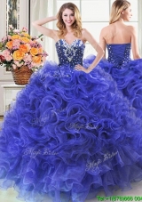 Beautiful Sweetheart Ruffled and Beaded Organza Quinceanera Dress in Royal Blue