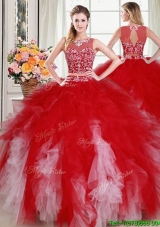 Sexy Two Piece See Through Scoop Red and White Quinceanera Dress with Beading