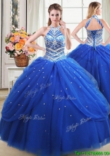 Beautiful Halter Top Beaded Decorated Royal Blue Quinceanera Dress in Tulle