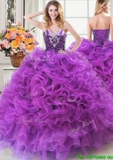 Gorgeous Sweetheart Ruffled and Beaded Organza Eggplant Purple Quinceanera Dress