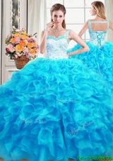 Romantic Straps Baby Blue Quinceanera Gown with Laced Bodice and Beaded Top