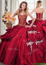 Latest Wine Red Taffeta Quinceanera Dress with Appliques and Beading