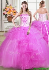 Brand New Puffy Strapless Tulle Beaded Applique and Ruffles Quinceanera Dress in Fuchsia