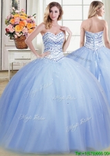 Simple Really Puffy Beaded Bodice Light Blue Sweet 15 Dress in Tulle