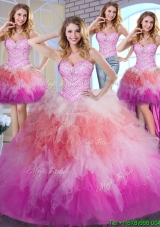 Unique Rainbow Colored Quinceanera Dress with Beaded Bodice and Ruffles