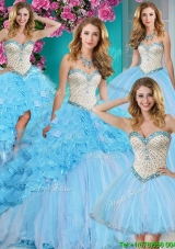 Luxurious Beaded and Ruffled Baby Blue Removable Quinceanera Dresses with Brush Train