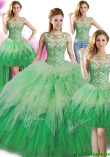Latest Puffy Skirt Green Detachable Quinceanera Dresses with Beading and Ruffles