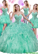 Elegant Puffy Skirt Turquoise Removable Quinceanera Dresses with Beading and Ruffles